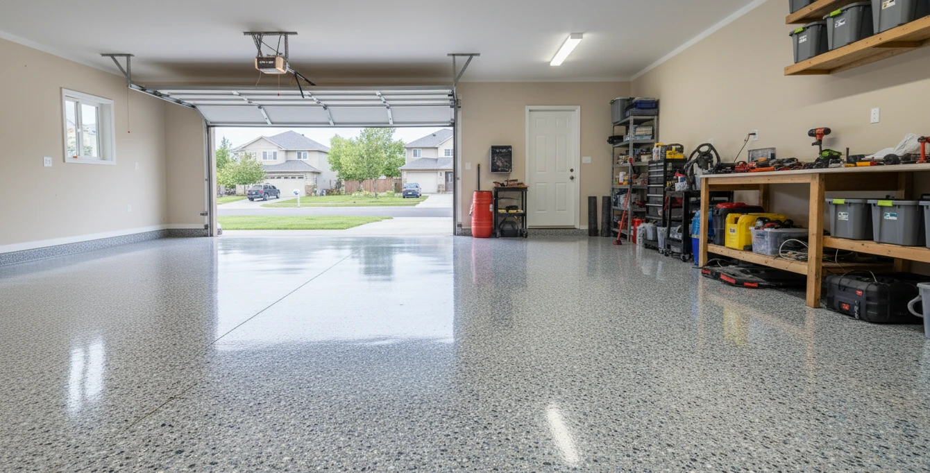 Professional concrete coating service - garage floor with epoxy finish