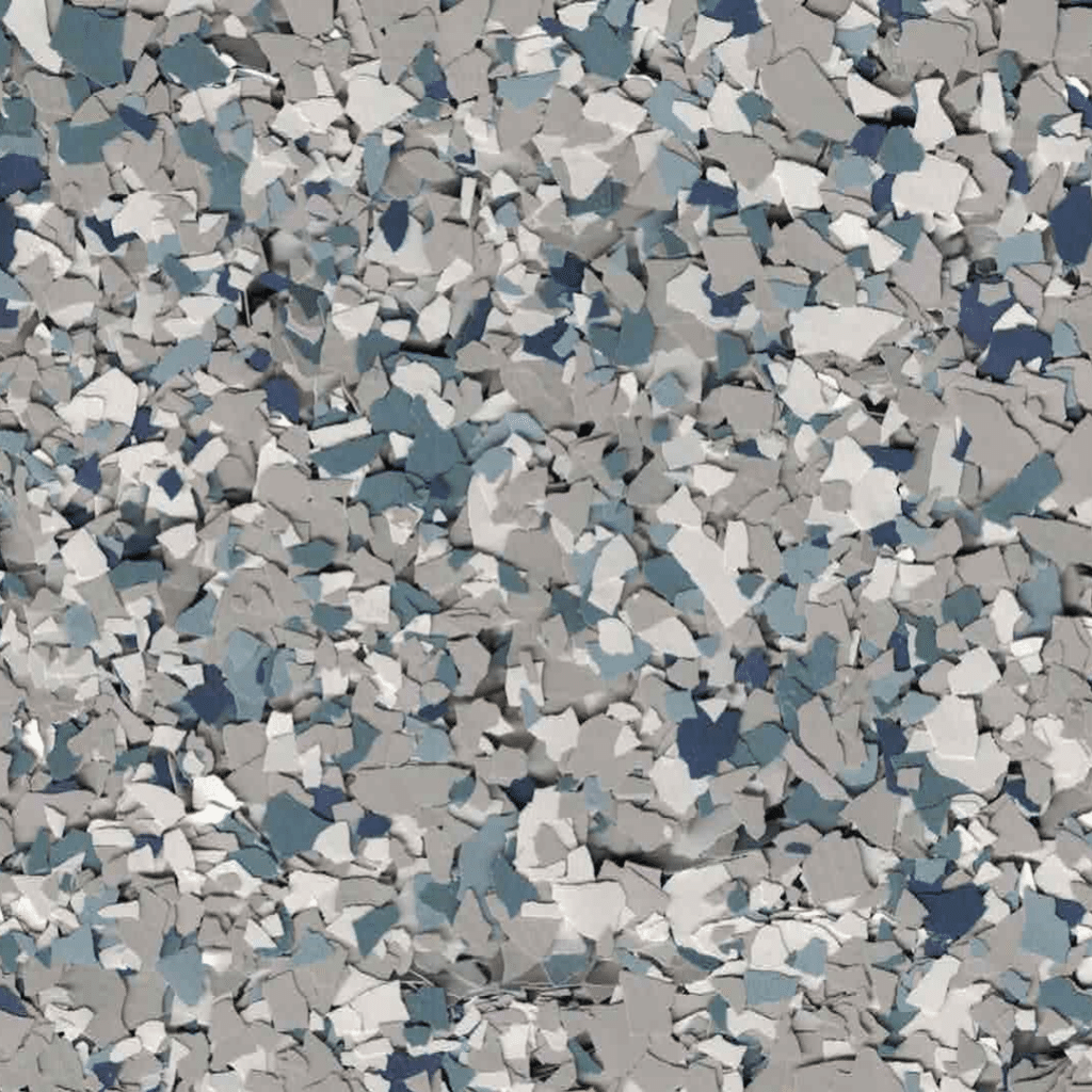 The image shows a dense abstract pattern, primarily composed of scattered blue, gray, and white fragmented shapes resembling a stone or confetti texture.