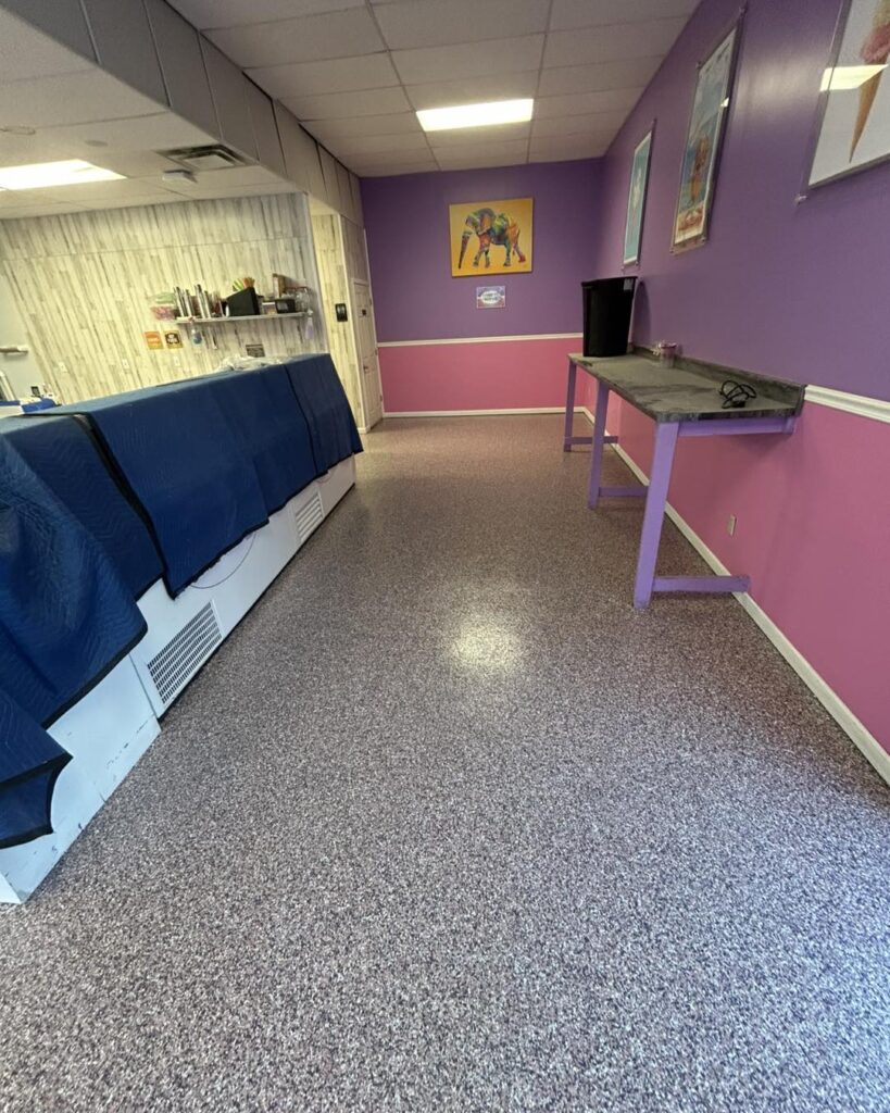 The image shows a colorful room with purple and pink walls, artwork of a dog, and a counter with grooming supplies.